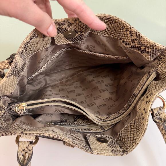 Michael Kors Satchel Shoulder Handbag Brown Tan Python Buckle Double Top Handles - Picture 9 of 12
